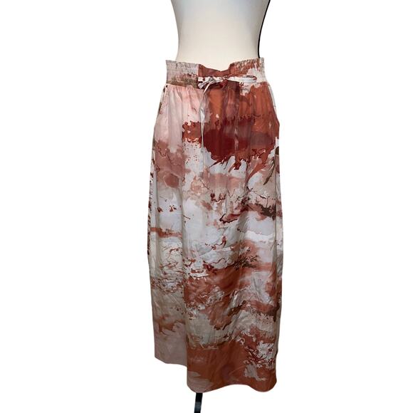 Vivienne Tam Watercolor Abstract Silk Blend Maxi Skirt Terra Cotta Cream Size 8 - Picture 3 of 13